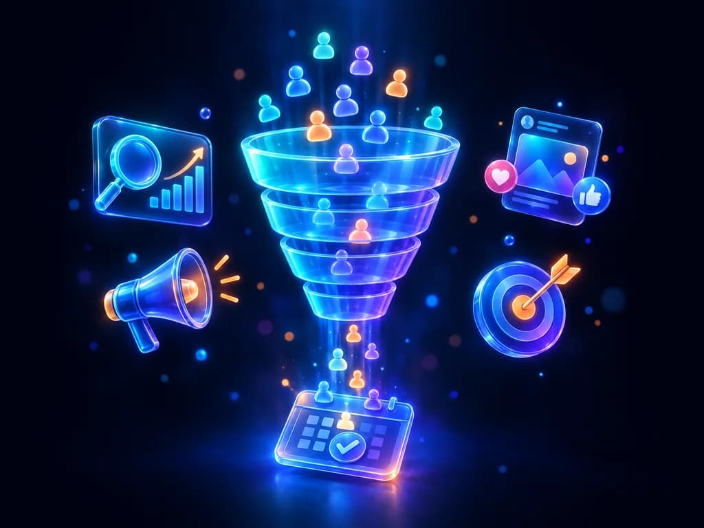 Sales funnel turning leads into booked appointments, surrounded by search, social and ad icons
