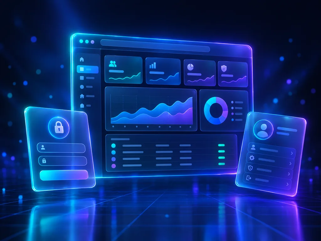 Web dashboard with charts, a secure login card and a user profile card